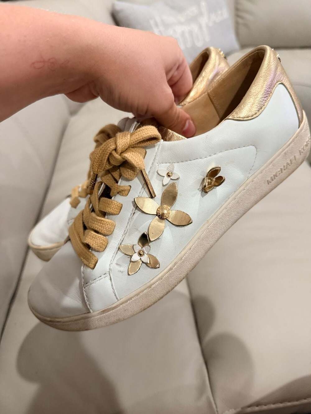 Michael Kors Lola Sneakers Size 8M White Gold Flower Leather